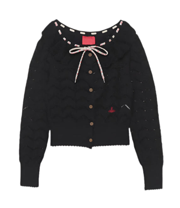 Bow Embroidery Lotus Leaf Knitted Cardigan