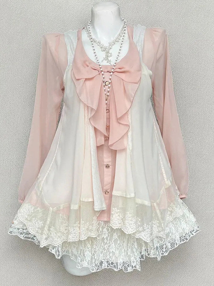 Pink Girly 3-Piece Layering Outfit: Cardigan + Top + Short Skirt