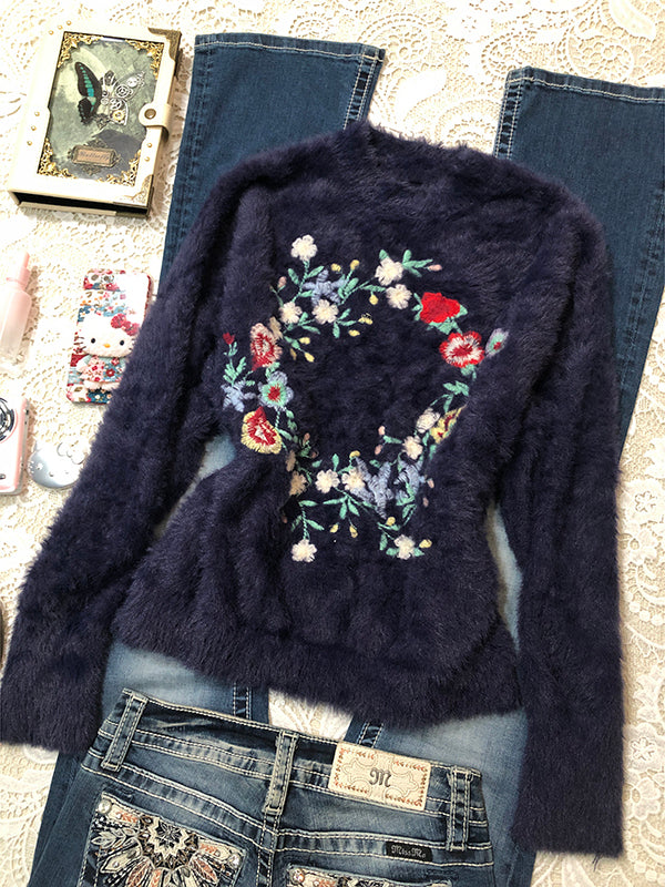 flower embroidery retro sweater