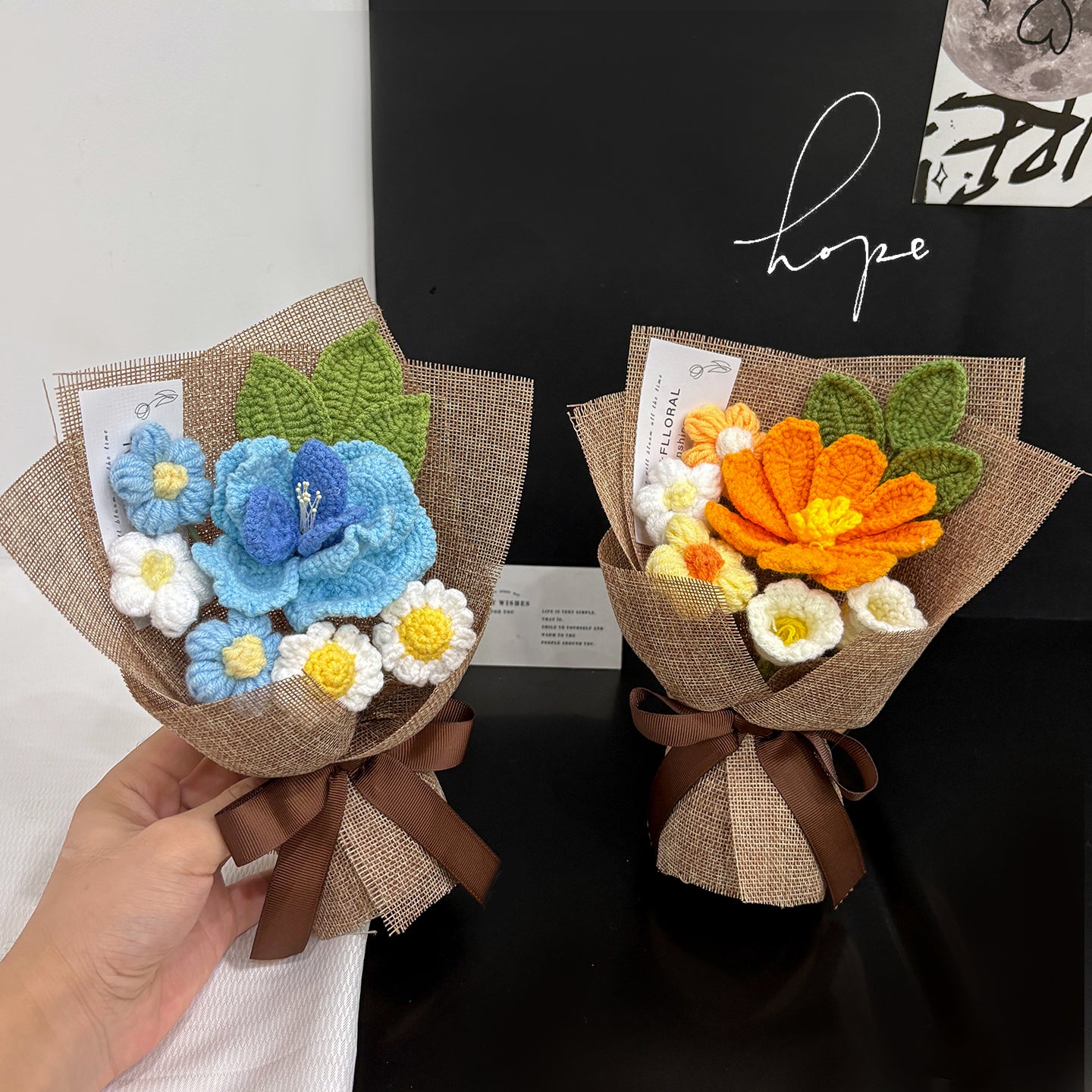 Hand-knitted small flowers bouquet