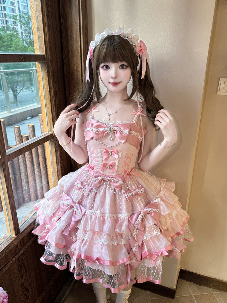 balletcore pink bow lace lolita dress