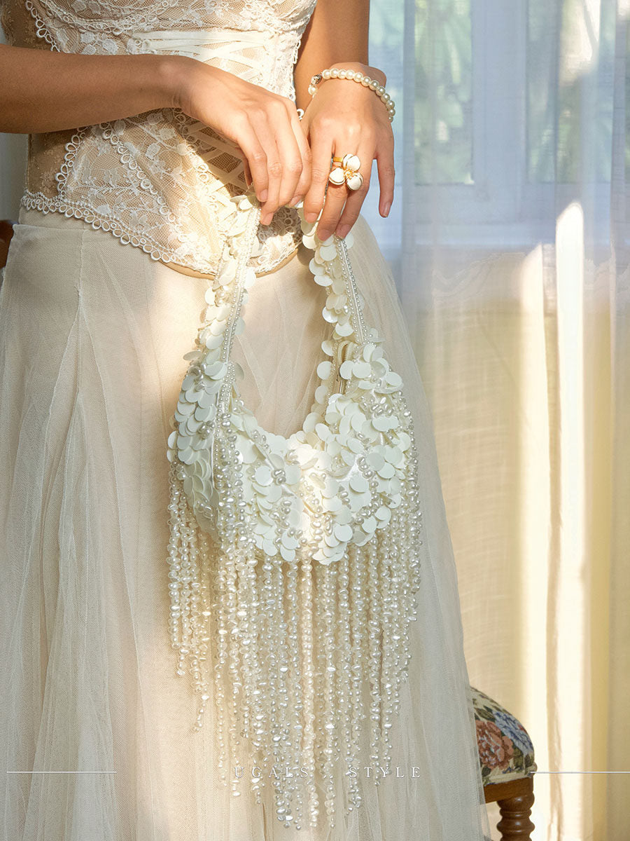 French woven pearl tassel underarm clutch bag