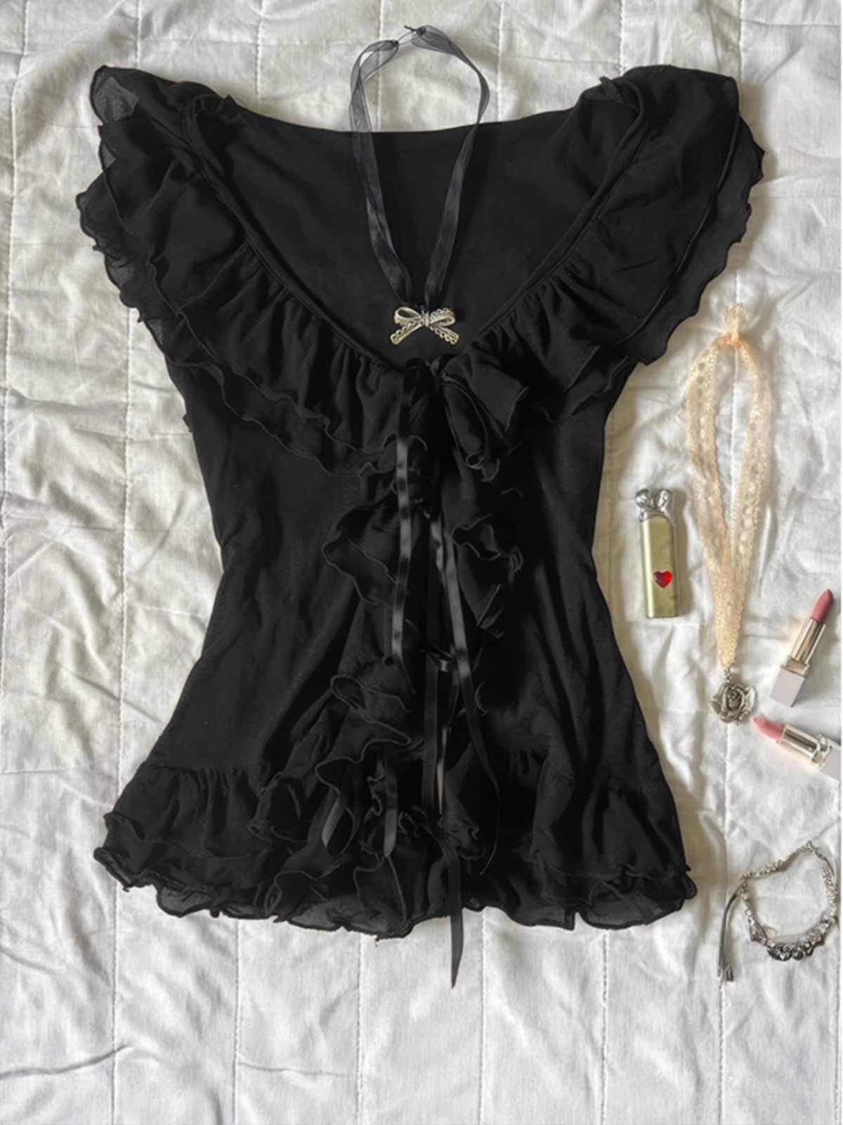 Black Bow Tie V-neck Top