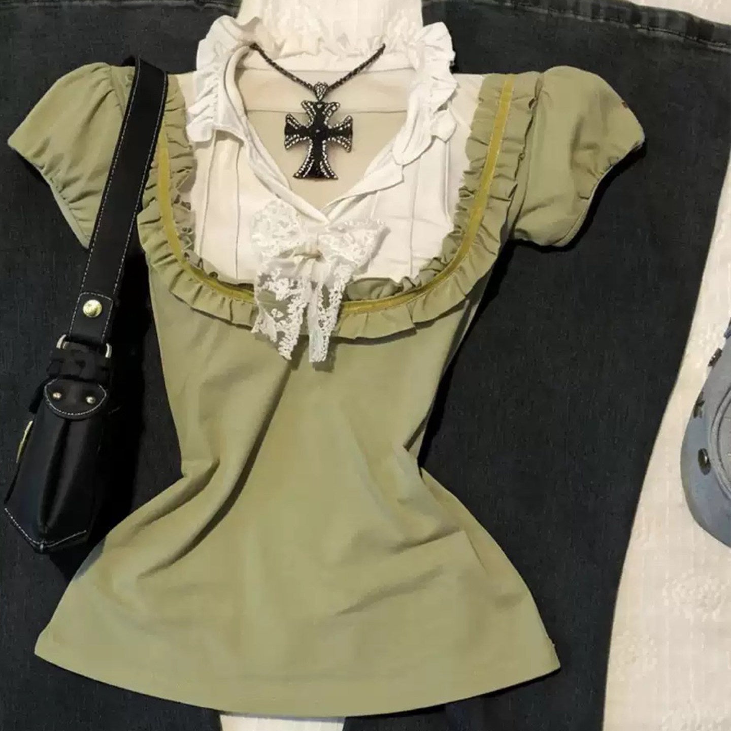 y2k vintage ruffle green shirt