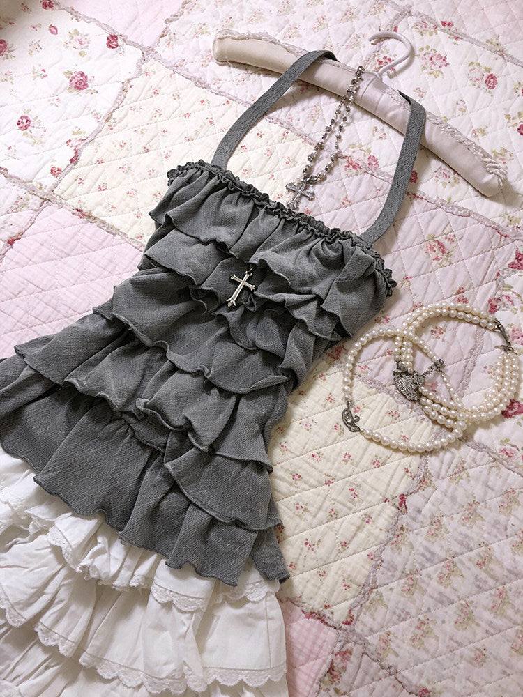retro gray ruffled tank top
