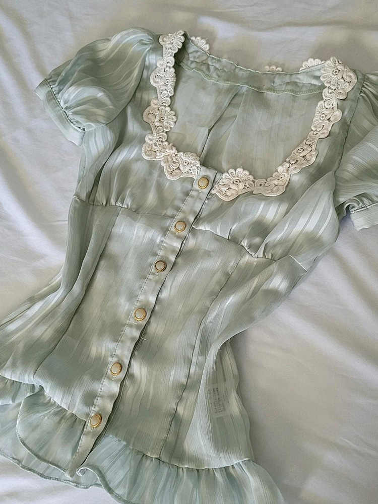 French Retro Green Lace Top