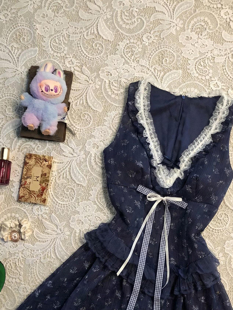 floral v-neck navy lace dress