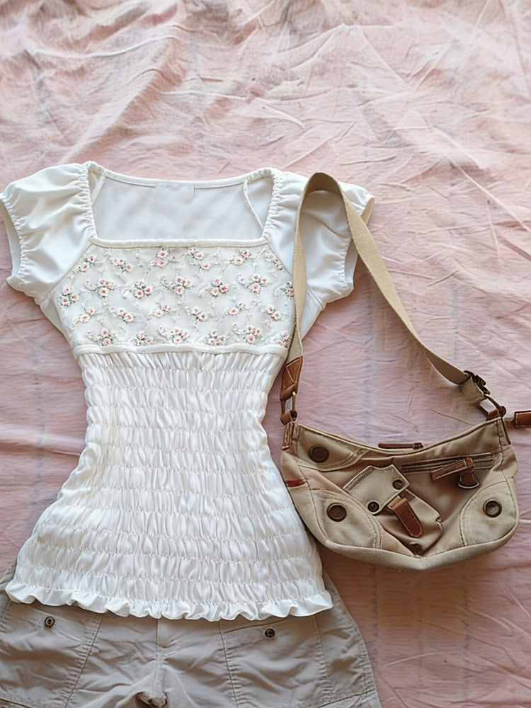white floral square neck shirt