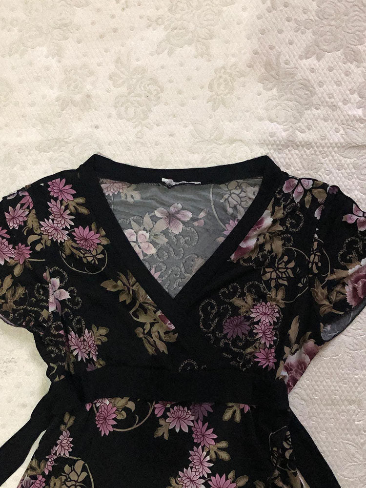 black floral v-neck shirt