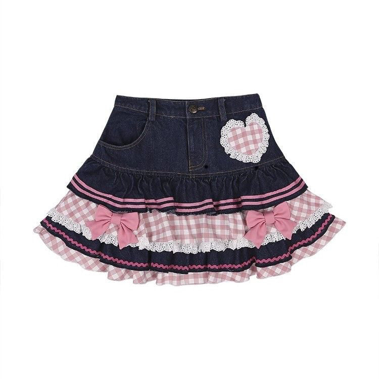 Bow Lace Trim Pink Plaid Denim Mini Skirt