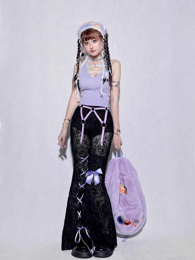 Y2k Mesh Lace Bell Bottom Pants