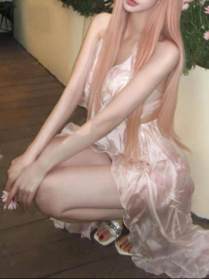 Pink Gradient Multi-layered Gauze Halter Backless Dress