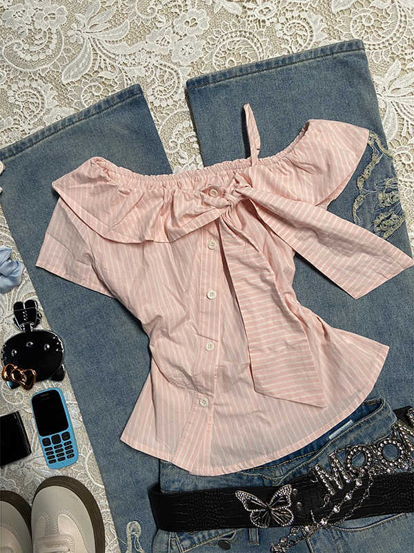 Retro Pink Off-shoulder Striped Shirt