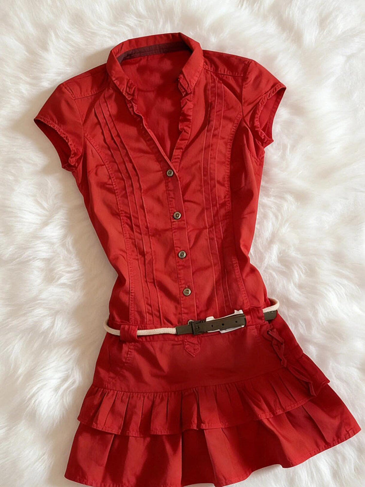 red sleeveless shirt dress