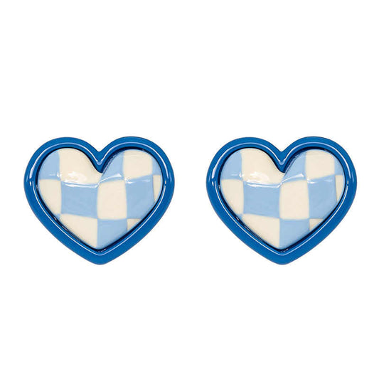 Y2K Blue Checkerboard Heart Ear Clips