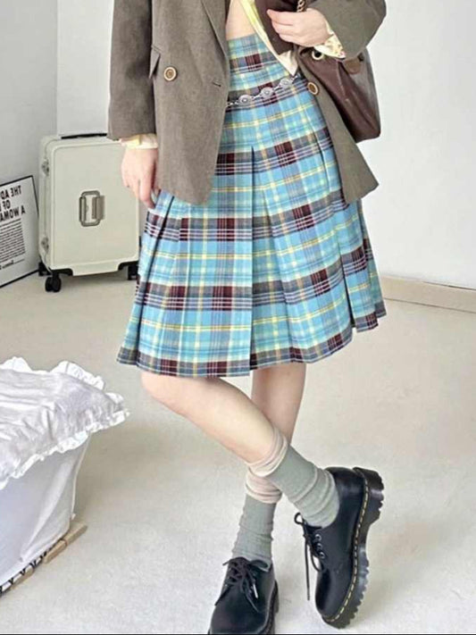 Preppy Green Mid-length Plaid Skirt