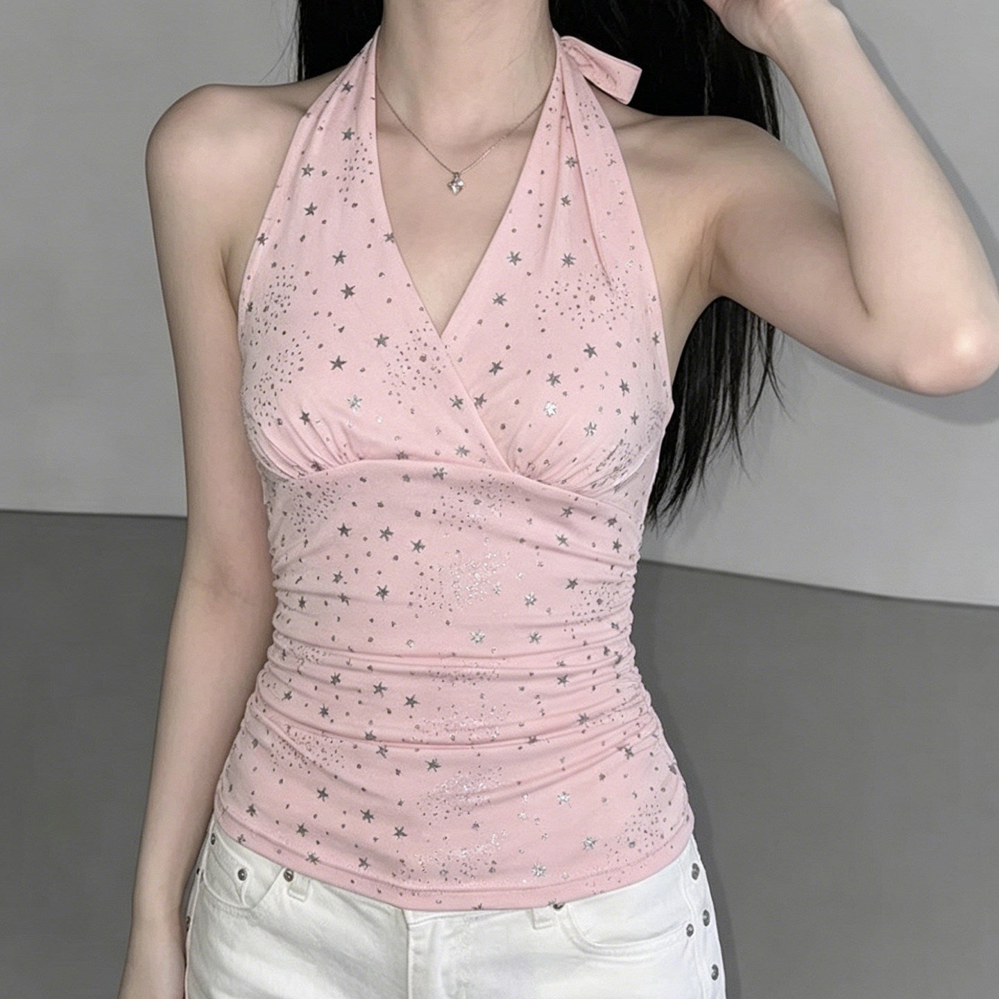 Silver foil design halter top