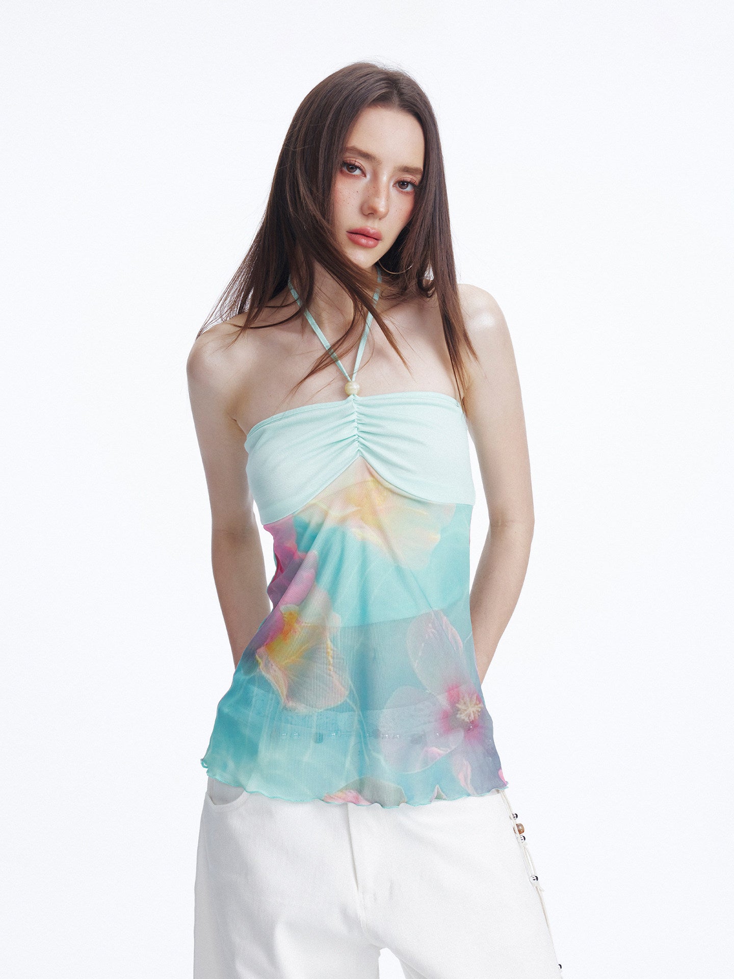 Beaded Shirring Bustier Printed Halter Top