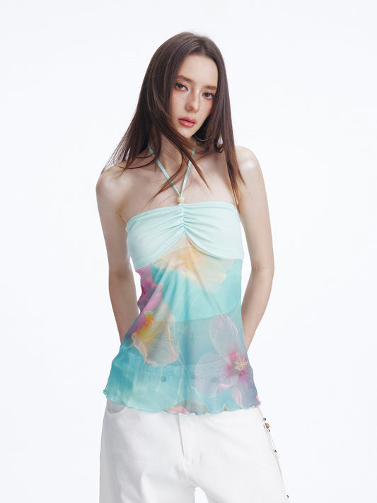 Beaded Shirring Bustier Printed Halter Top