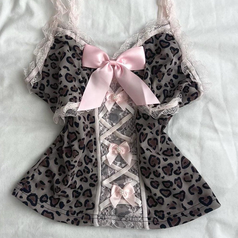 Y2K Pink Bow Leopard Lace Tank Top