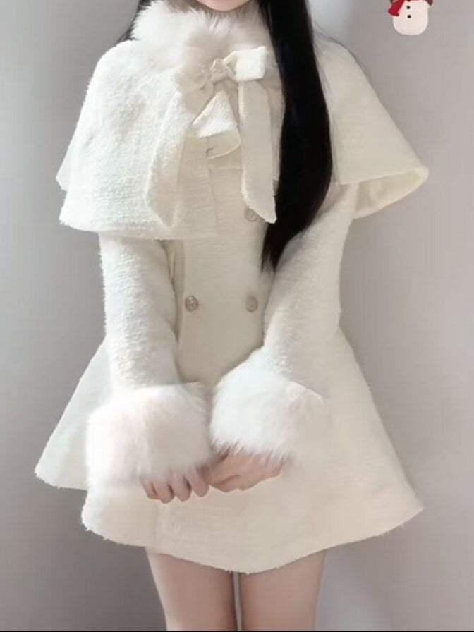 Cape Coat + Double-Breasted Bow Dress 2-Piece Set