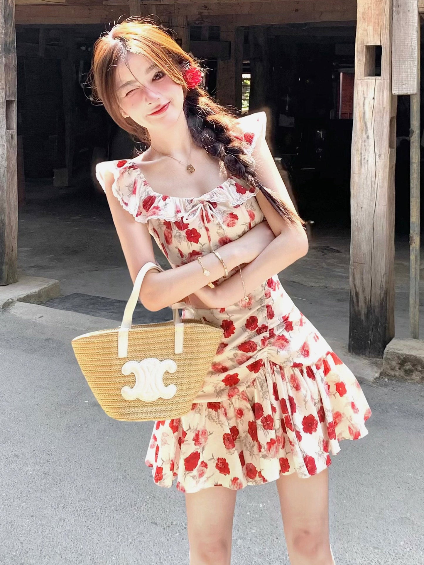 rose floral ruffled dress