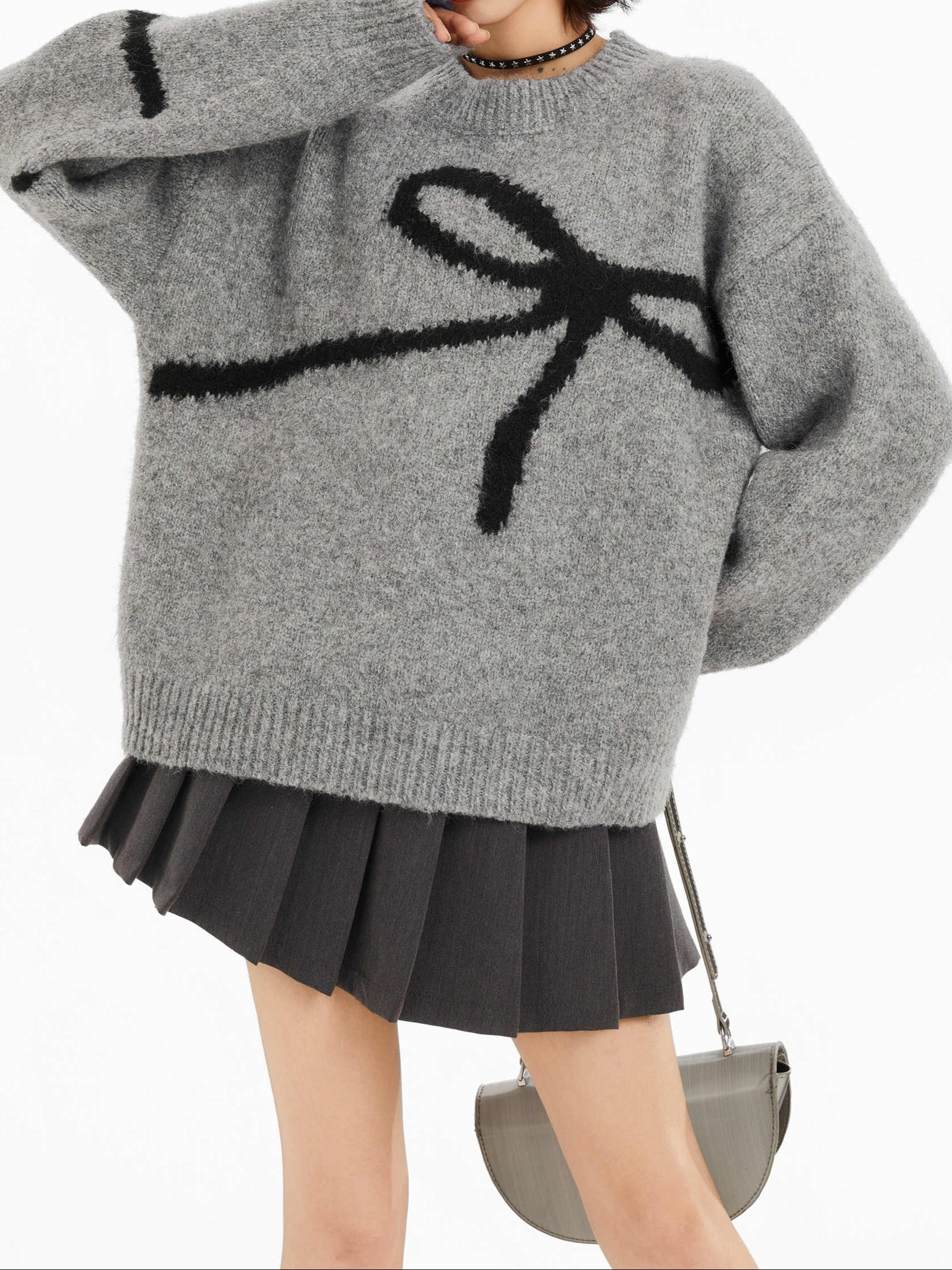 Acubi Gray Bow Round Neck Sweater