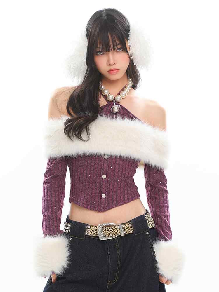 Fur Collar Off-shoulder Knitted Sweater