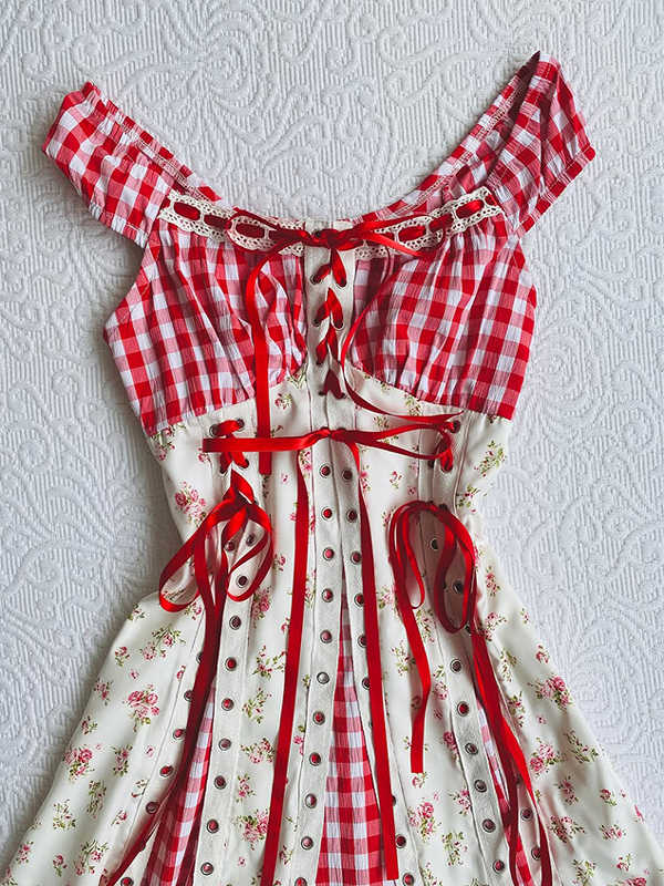 Red Plaid Patchwork Suspender Dress