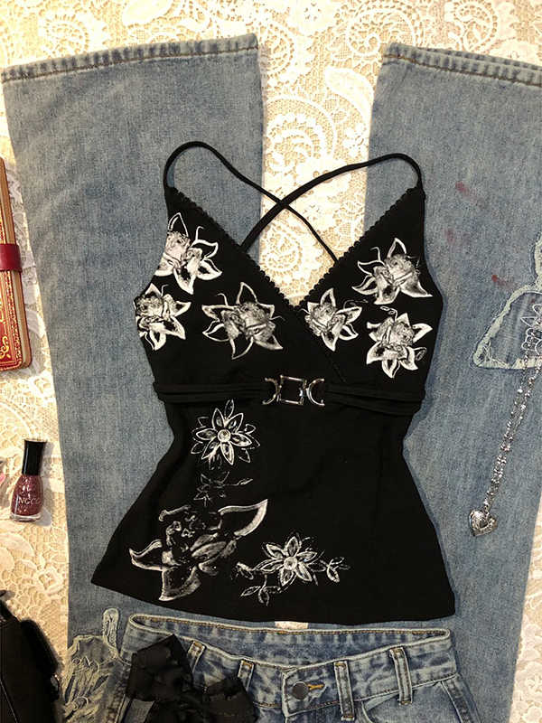 Black Printed Flower Tank Top