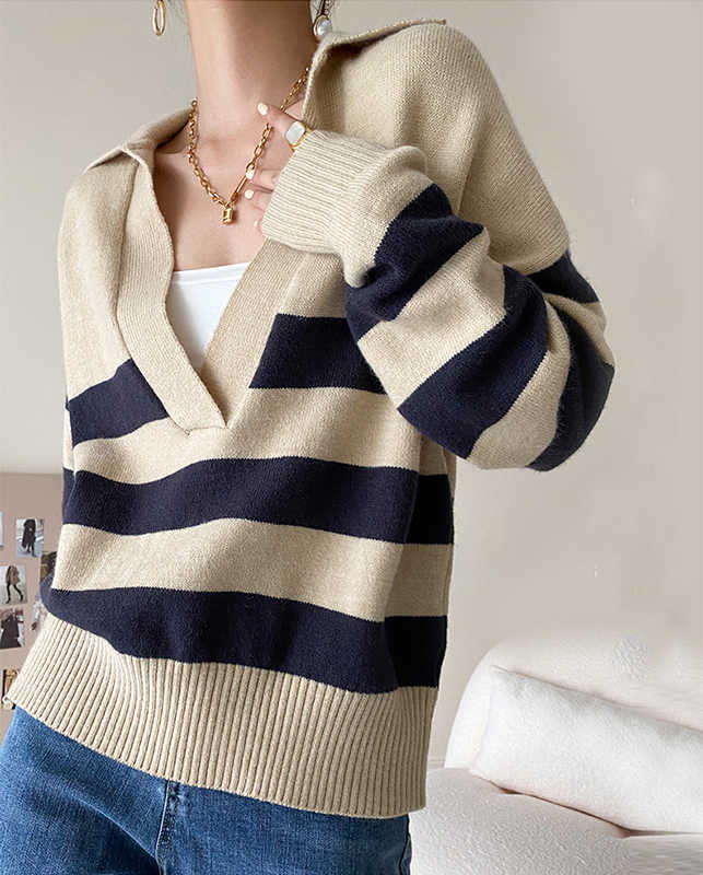 Preppy Striped V-neck Knit Top