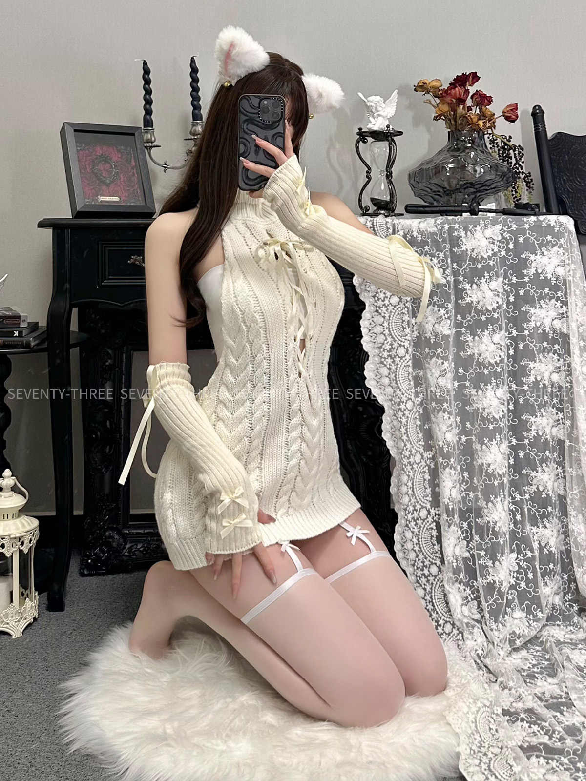 Cream White Sweater Backless Dress