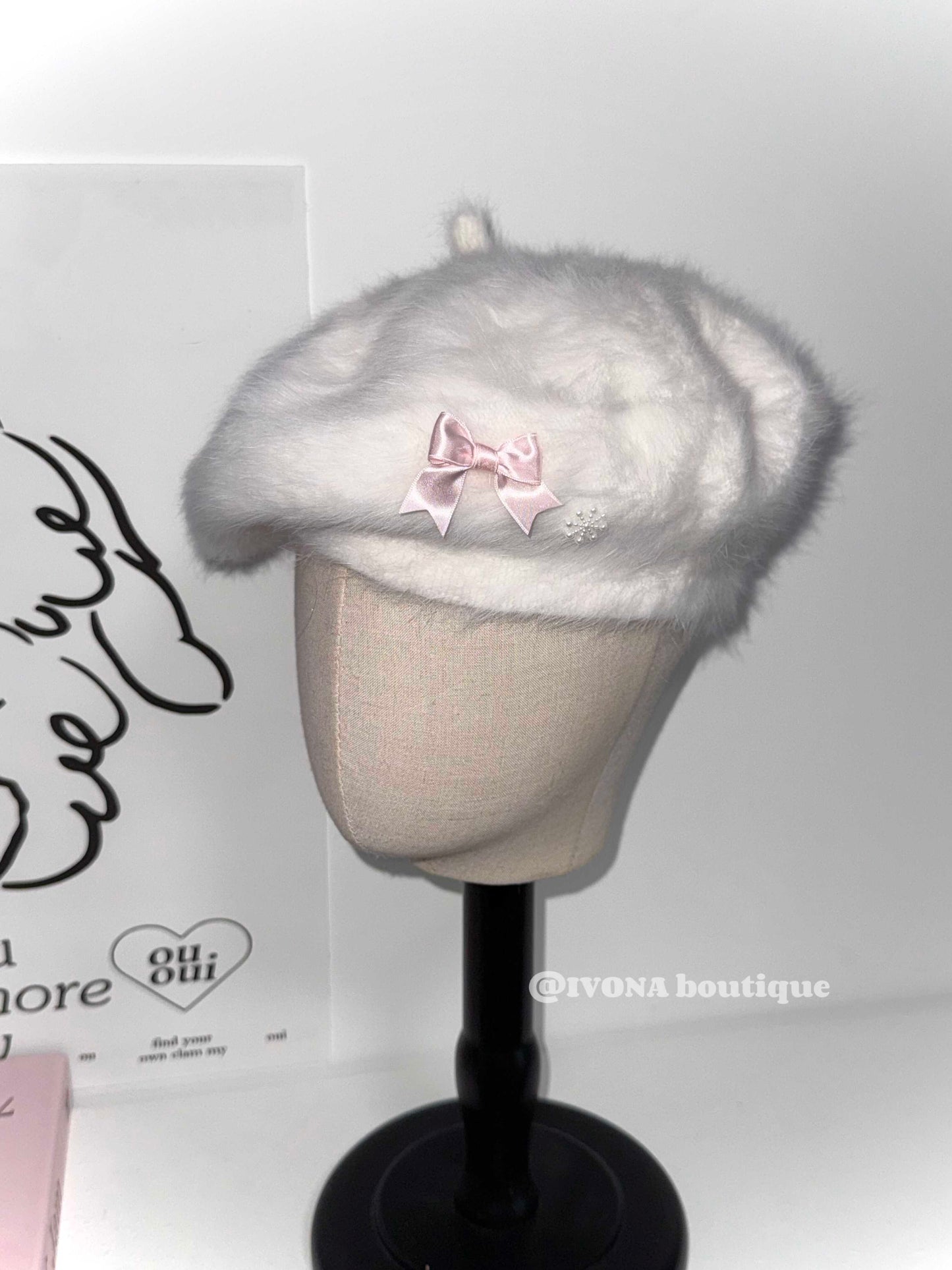 bow white fur kawaii hat