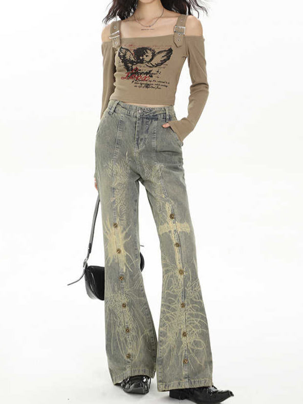 Grunge Cross Straight Flare Jeans