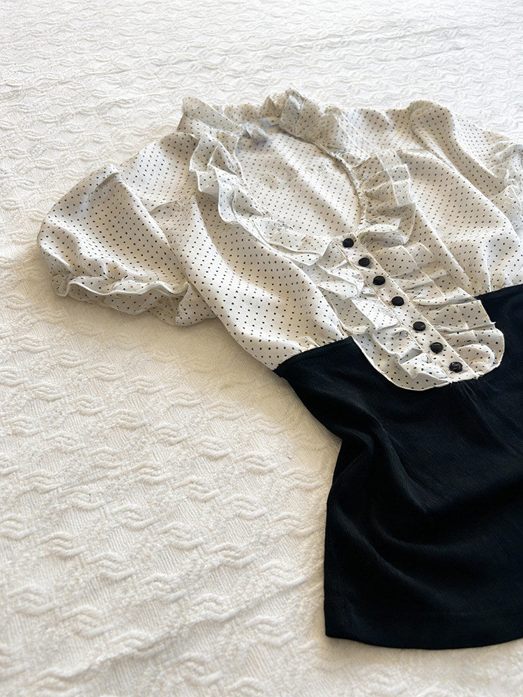 polka dots ruffled v-neck shirt
