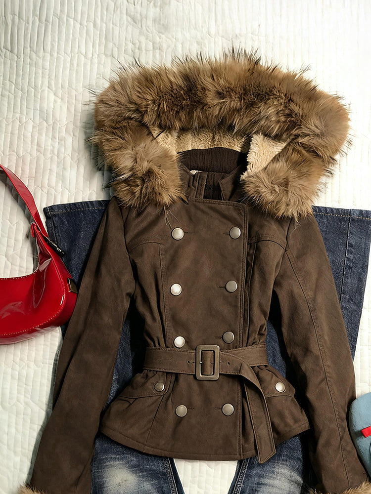 brown retro waist slimming fur collar hooded jacket
