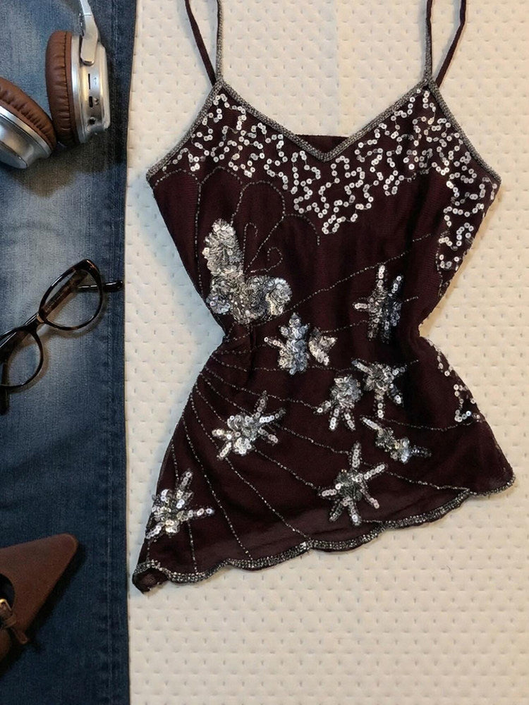 Vintage Brown Rhinestone Sequin Halter Top