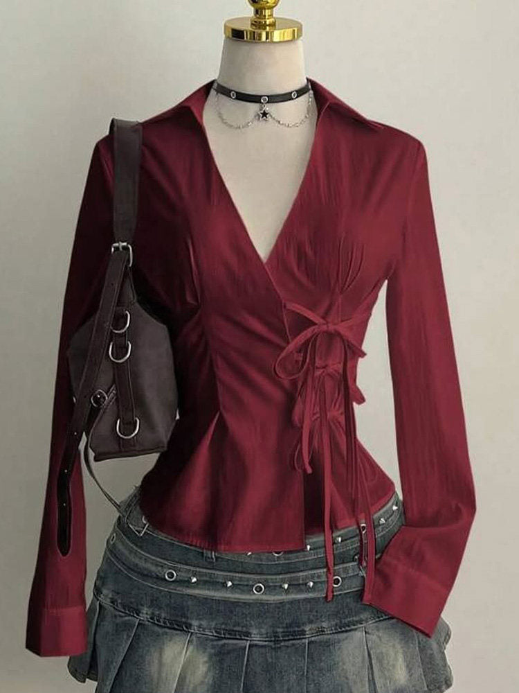burgundy long-sleeved top