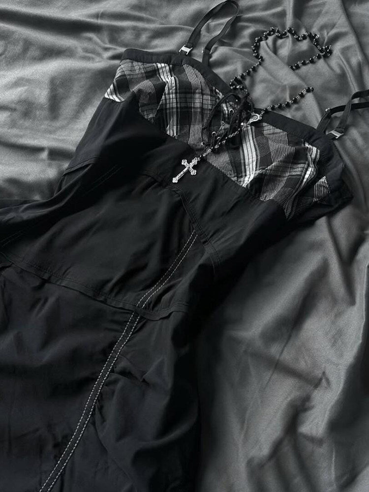 y2k plaid gray suspender dress