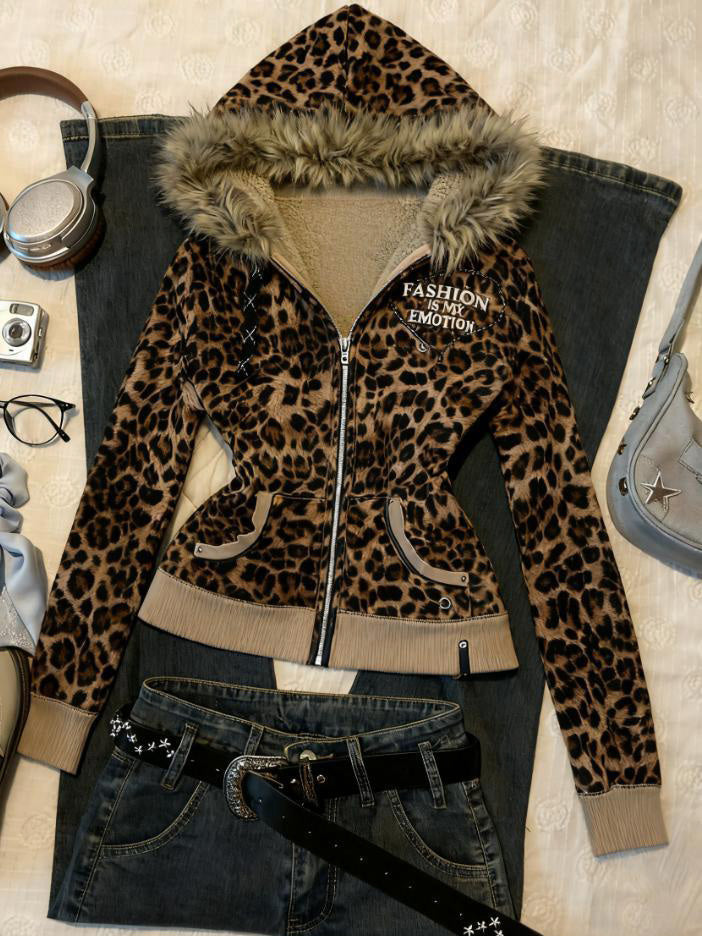 y2k vintage leopard print hooded jacket