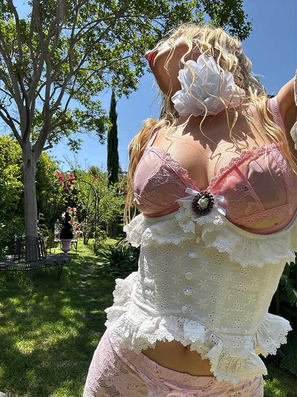 Pink Hollow Lace Y2K Pants