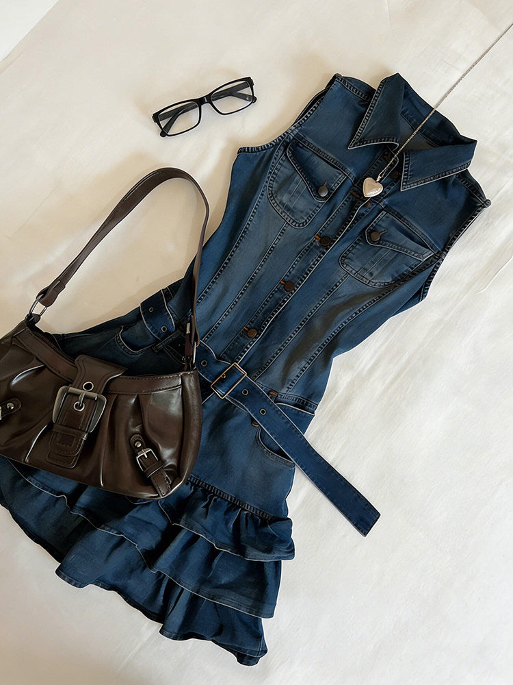 denim sleeveless ruffled dress