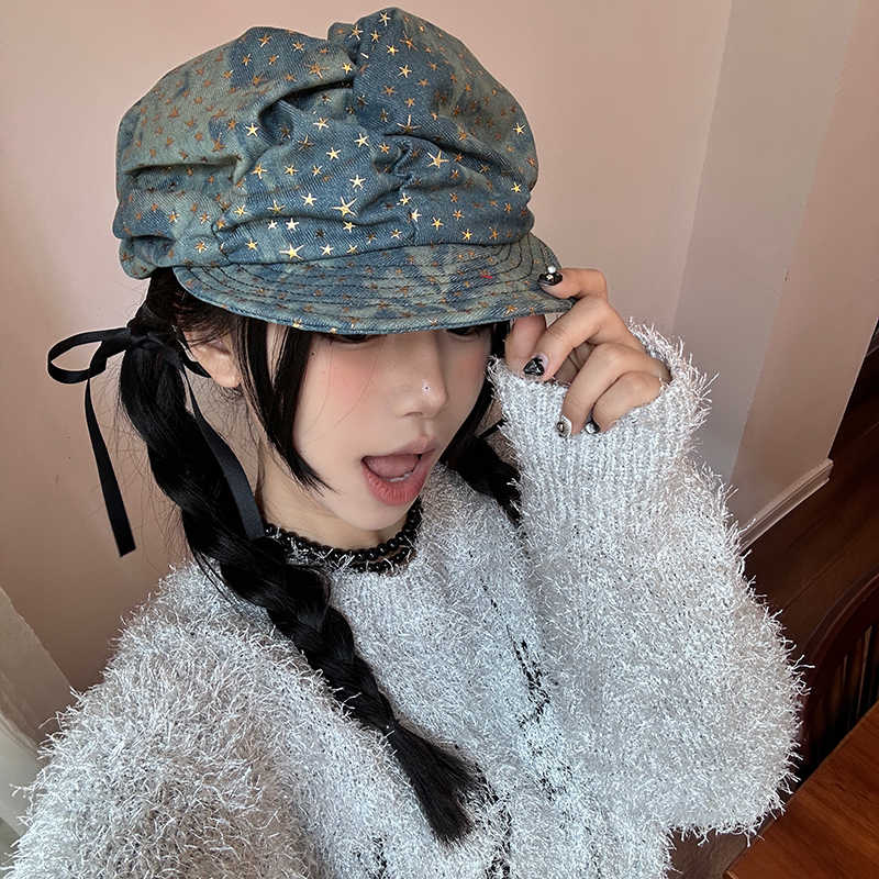 Retro Star Denim Beret Hat