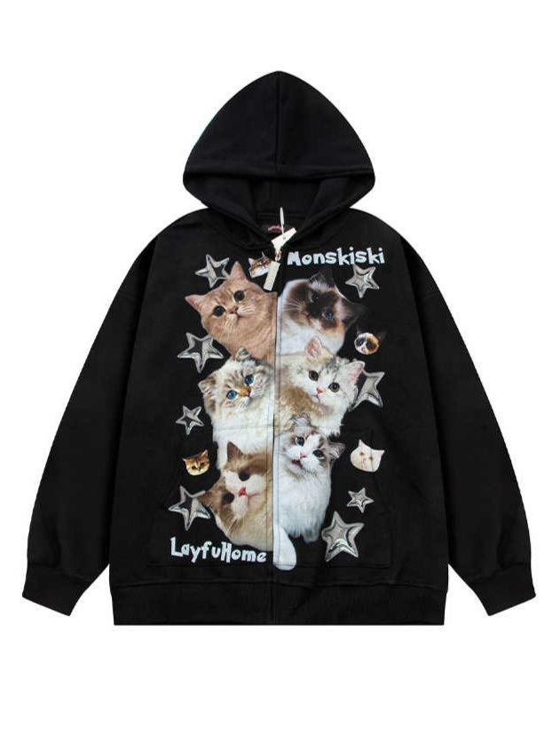 Y2K Star Cat Print Zip-up Hoodie