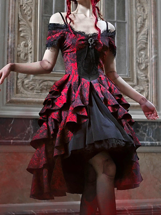 Gothic Black and Red Jacquard Palace Dress