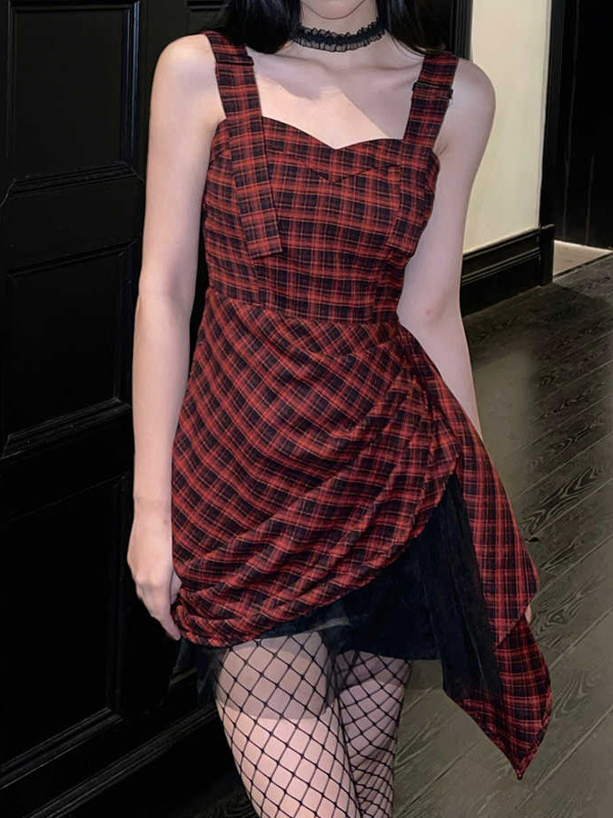 Goth Red Plaid Irregular Dress