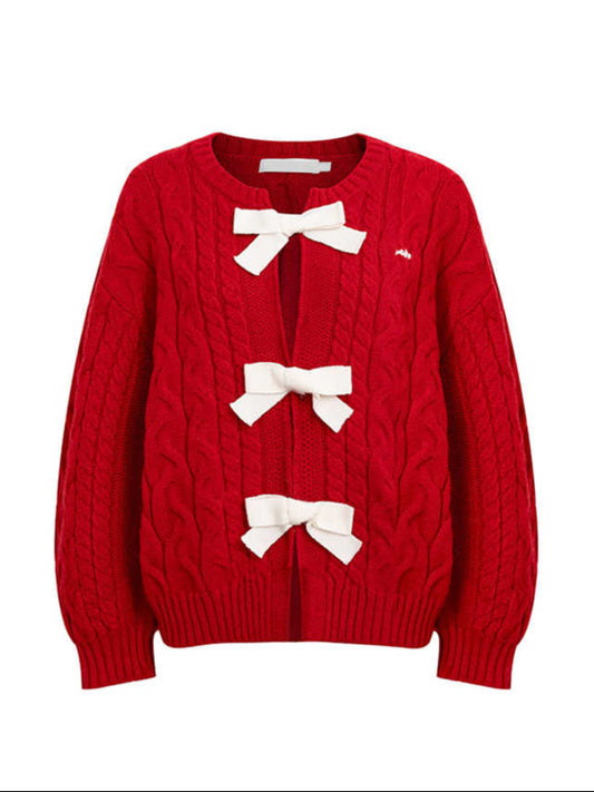 Bow Cable Red Coquette Knit Cardigan