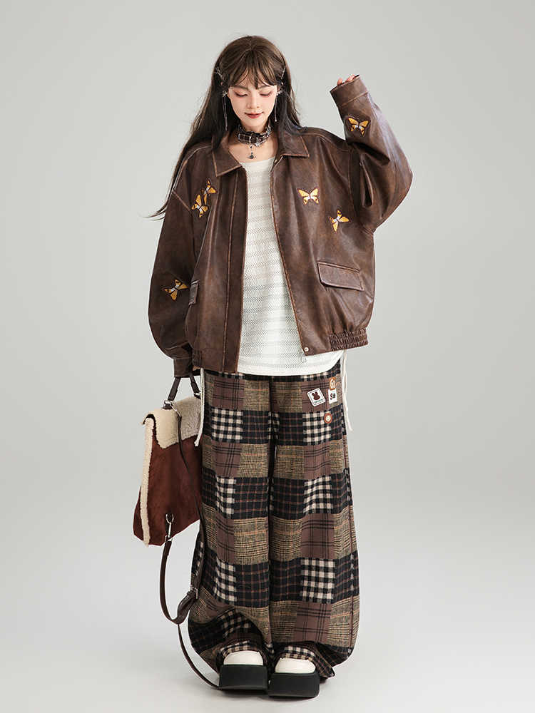 Butterfly Embroidery Brown Leather Jacket