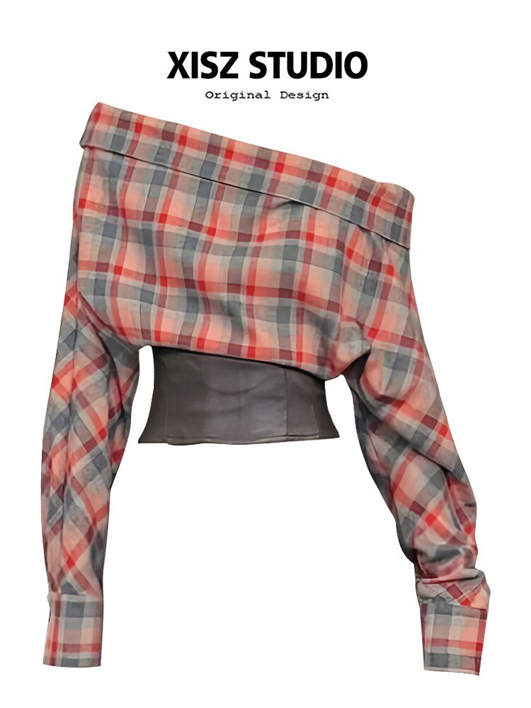 Vintage Plaid Off-Shoulder Leather Patchwork Long-Sleeve Top