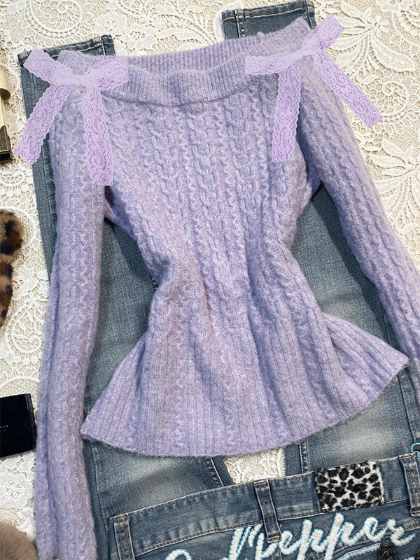 purple one-shoulder sweater